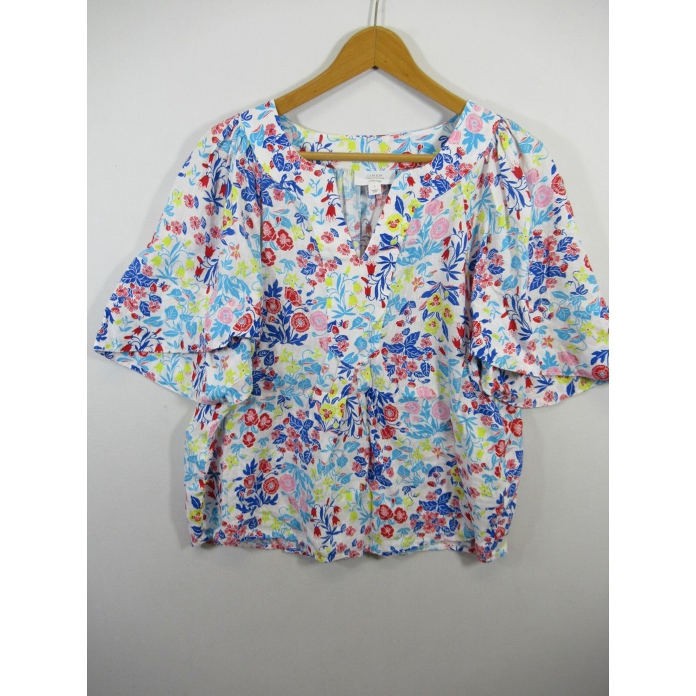 Charter Club Luxury Linen Blouse Women Large Flutter Sleeve Floral V-neck